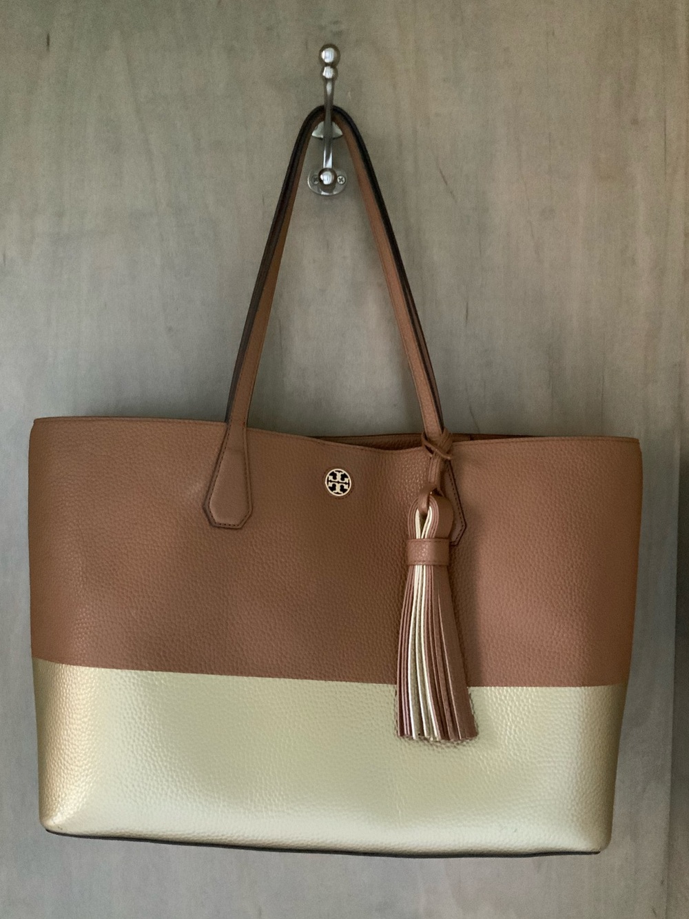 TORY BURCH Two-Tone Perry Tassel Tote in Brown and Gold